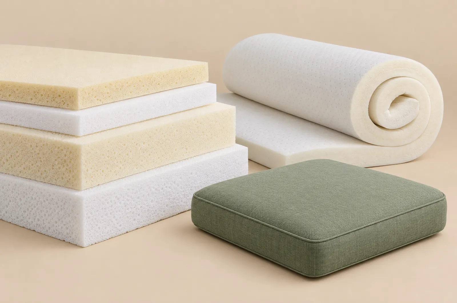 Foam sheets, a rolled mattress topper and a seat cushion