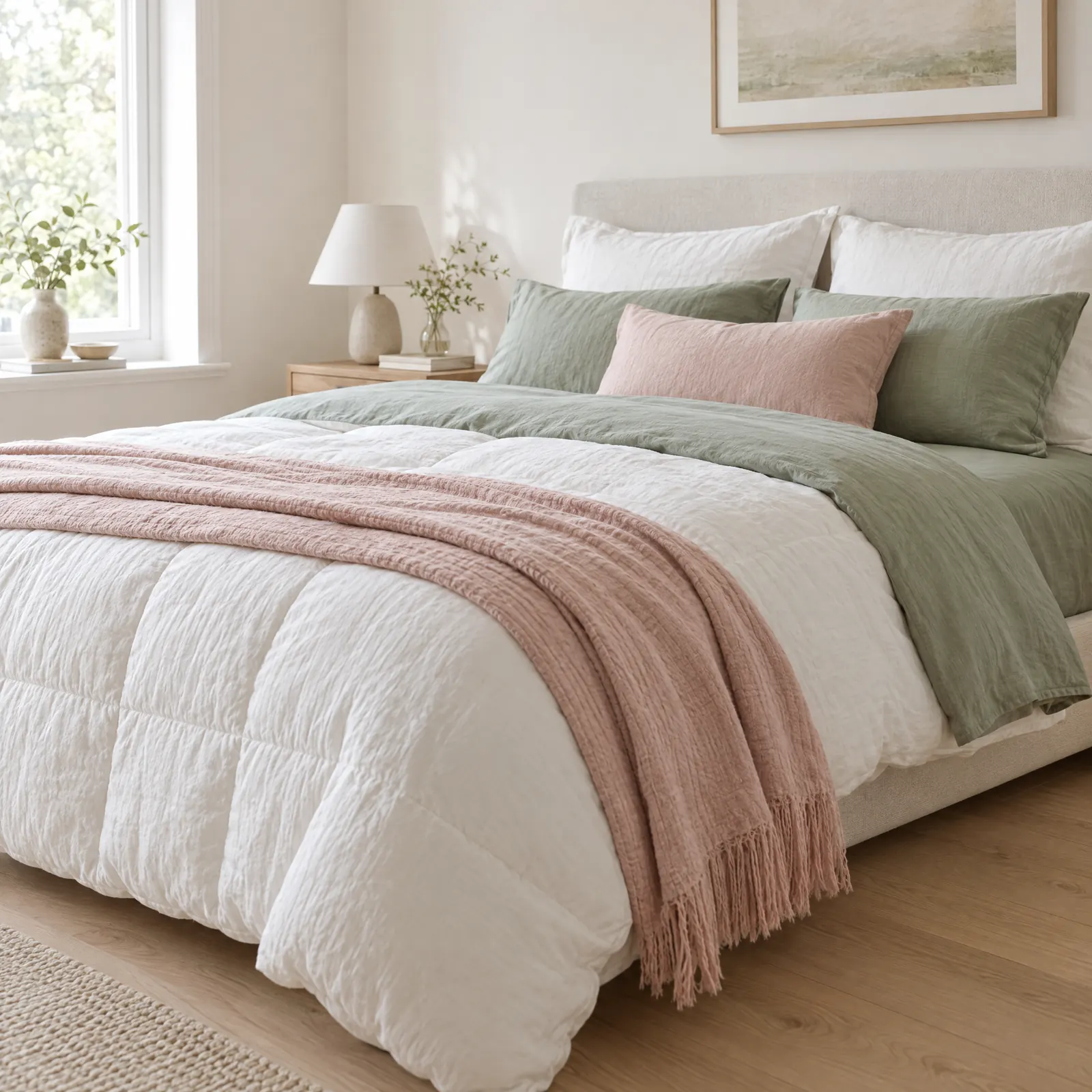 Bed made with white pillows, a white duvet and sage and blush cotton bed linen