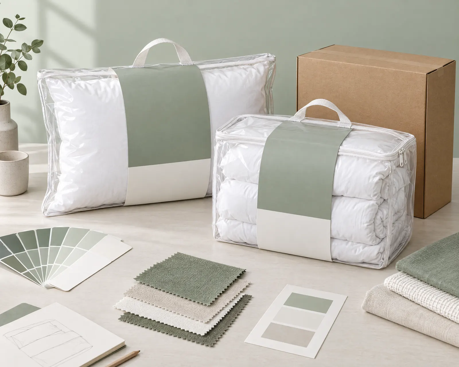 Pillow and duvet in retail packaging with fabric swatches