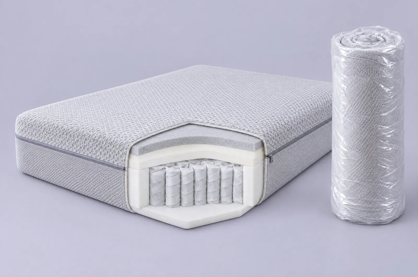 Pocket spring mattress with cut-away and a roll-packed mattress