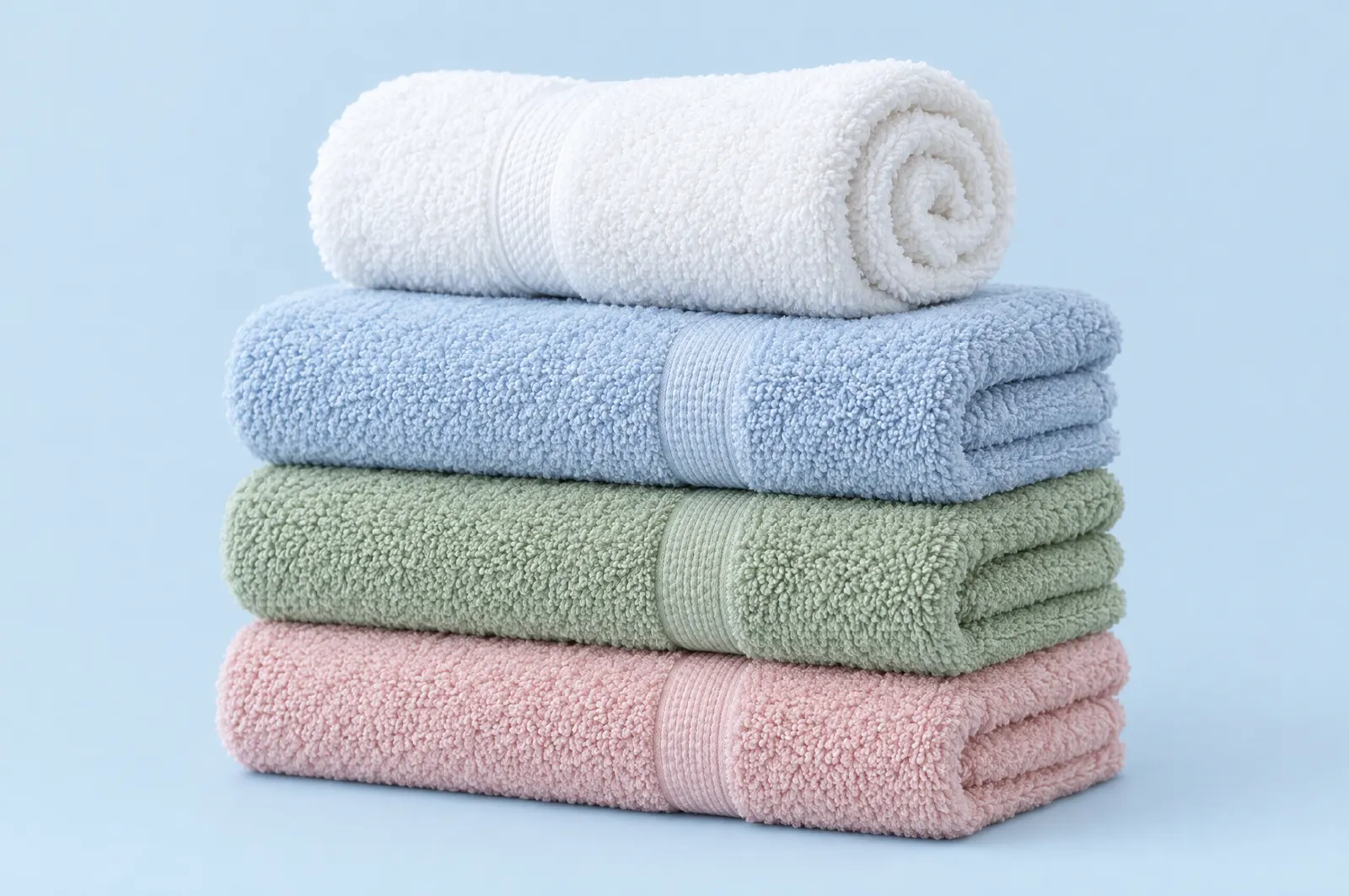 Stacked terry towels in white, blue, sage and pink
